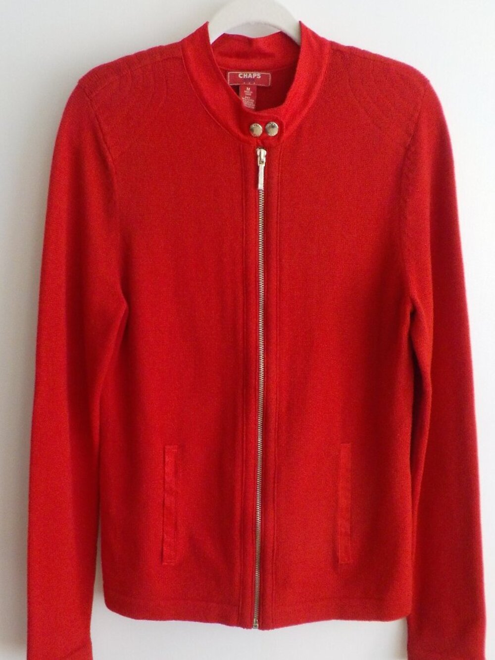 Chaps Sweater Cardigan - Medium - Red Zip Front Pocket Long Sleeve (718)
